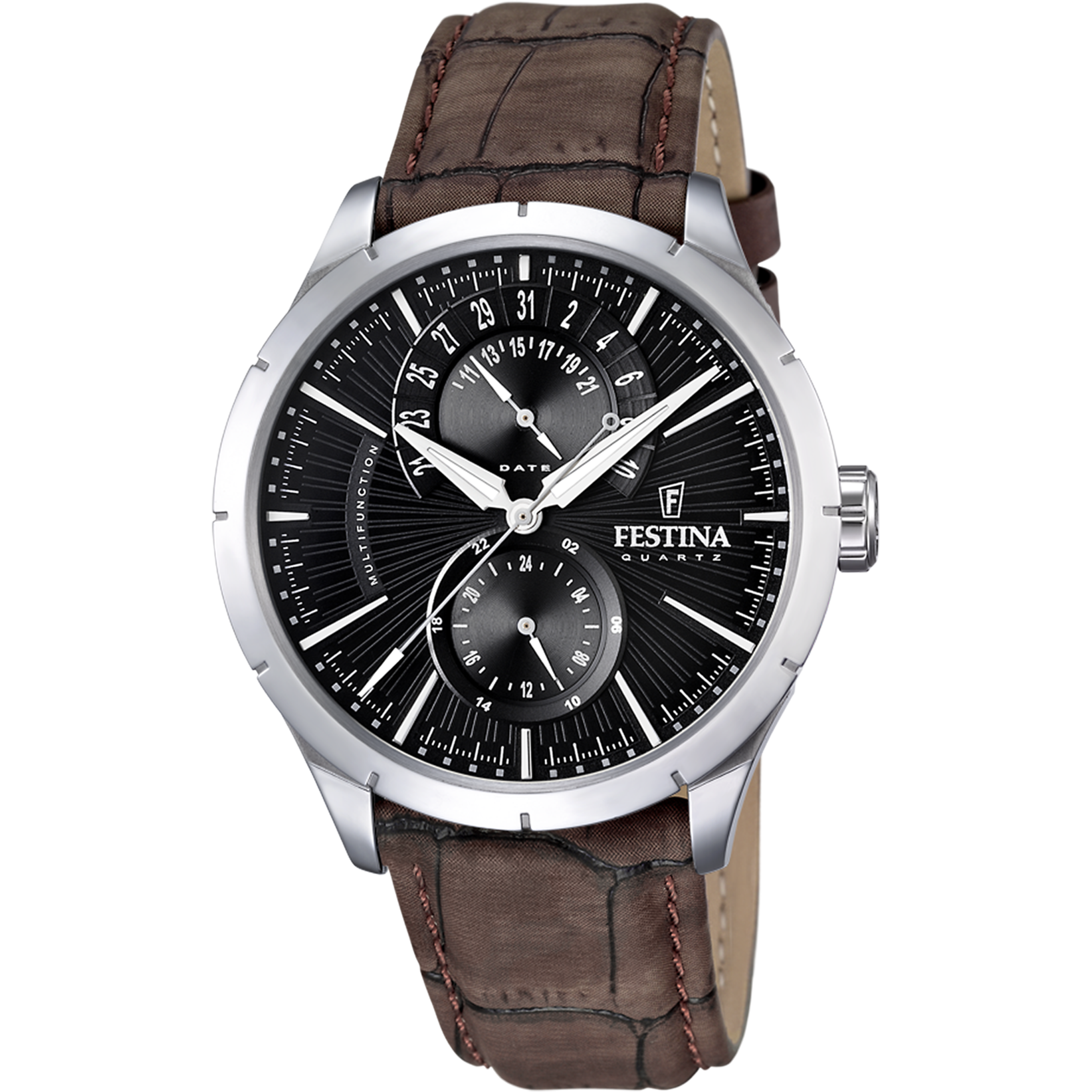 Festina Herrenarmbanduhr mit Stahlgehäuse, schwarzem Zifferblatt und braunem Lederarmband