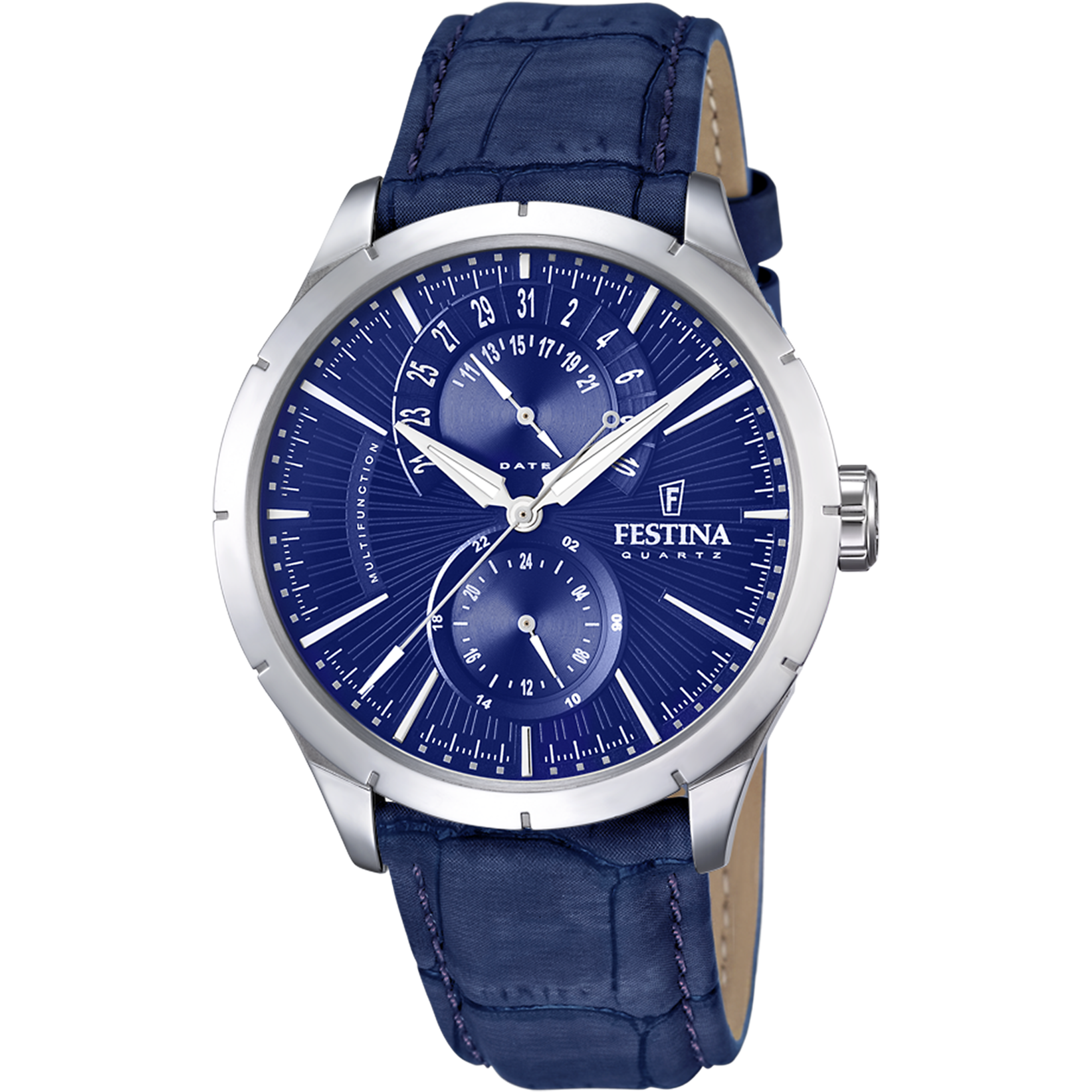 Festina Herrenuhr: blaues Lederarmband, blaues Zifferblatt, Edelstahlgehäuse