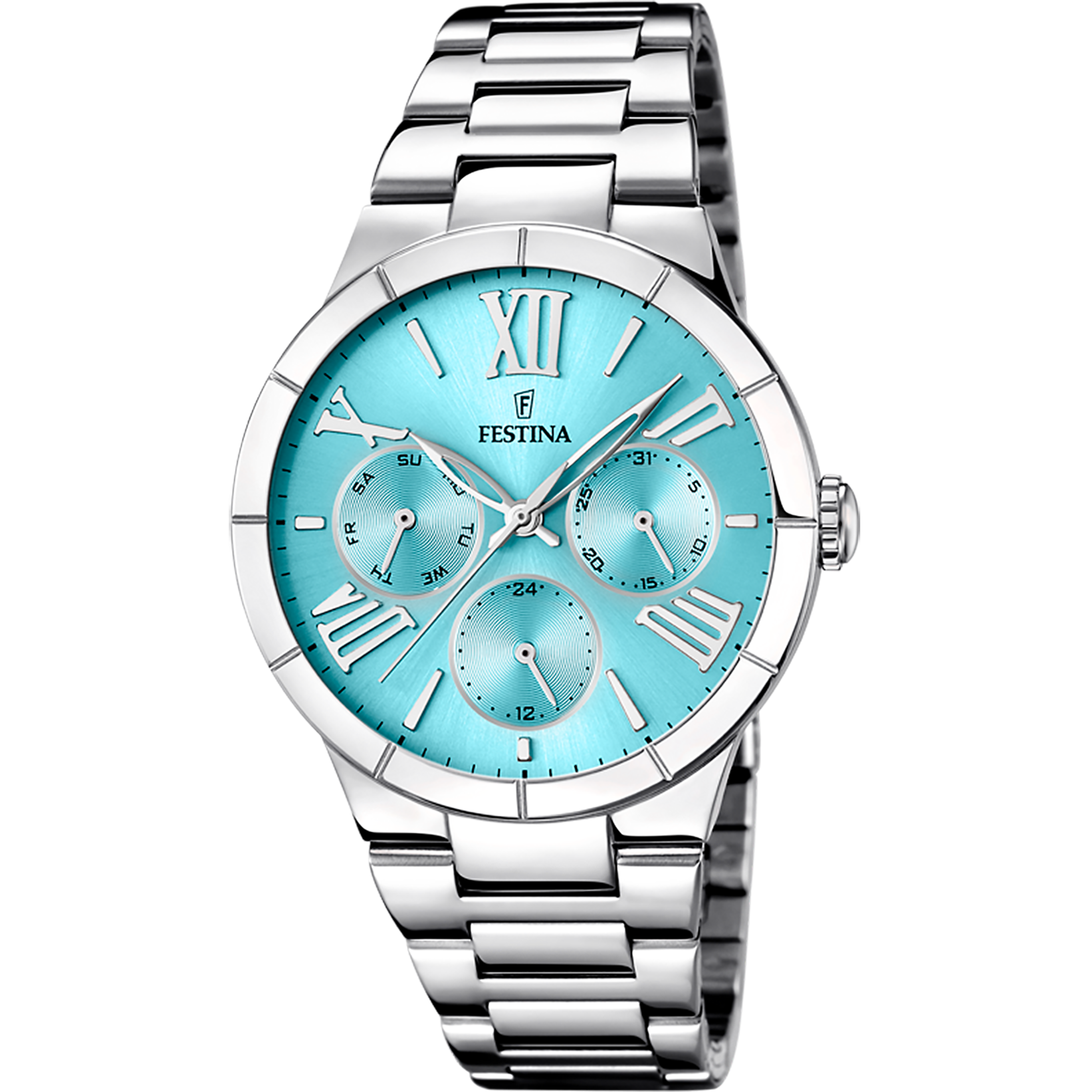 Festina Damenuhr mit türkisblauem Zifferblatt, römischen Ziffern, Edelstahlarmband