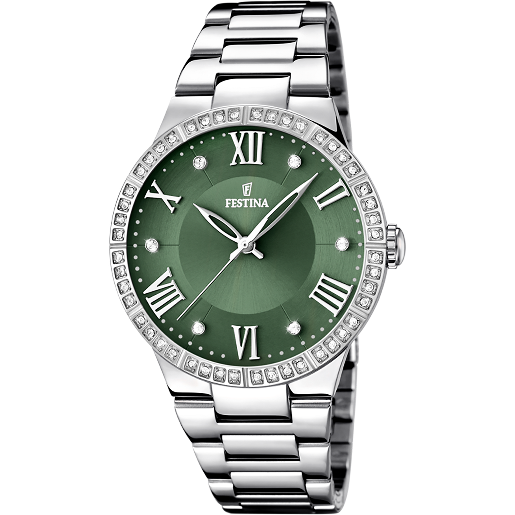 Festina Damenuhr mit grünem Zifferblatt und römischen Ziffern, Edelstahlband, Mineralglas