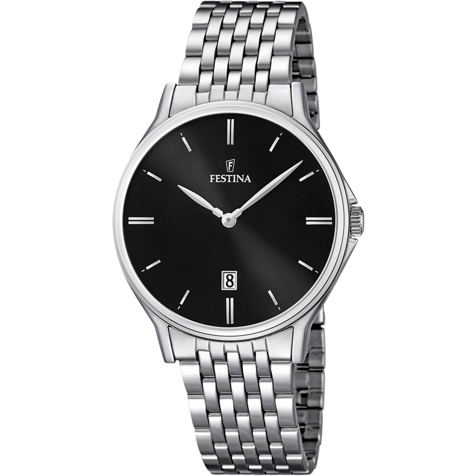 Festina Herrenarmbanduhr mit schwarzem Zifferblatt und silbernem Edelstahlband