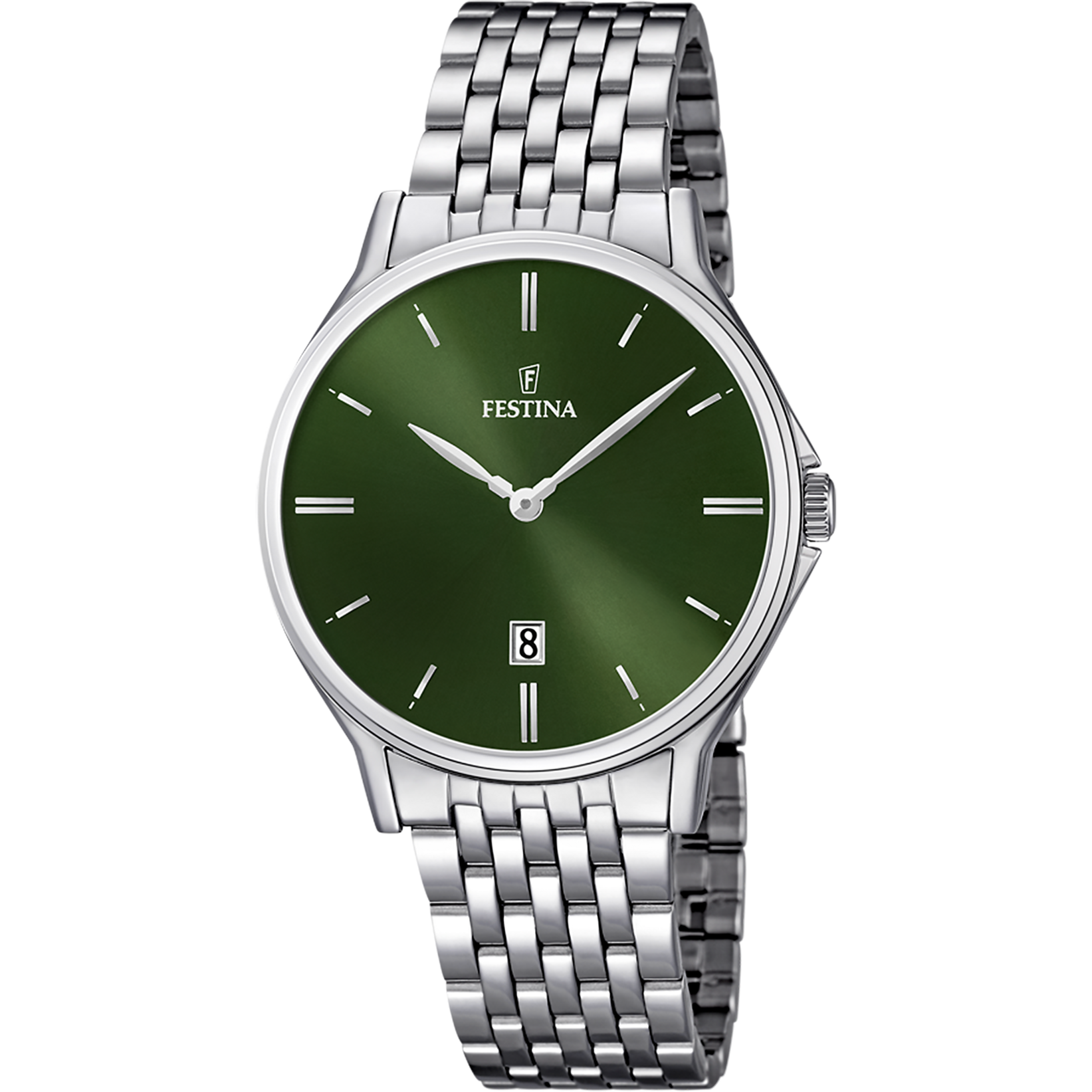 Herrenarmbanduhr Festina mit grünem Zifferblatt und silbernem Metallarmband, Quarz