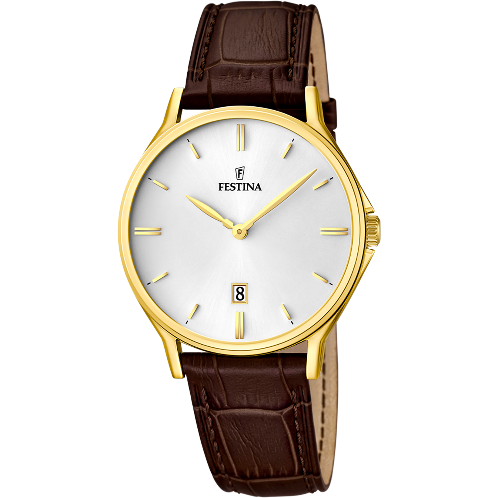 Festina Herrenarmbanduhr mit goldenem Gehäuse, weißem Zifferblatt und braunem Lederarmband
