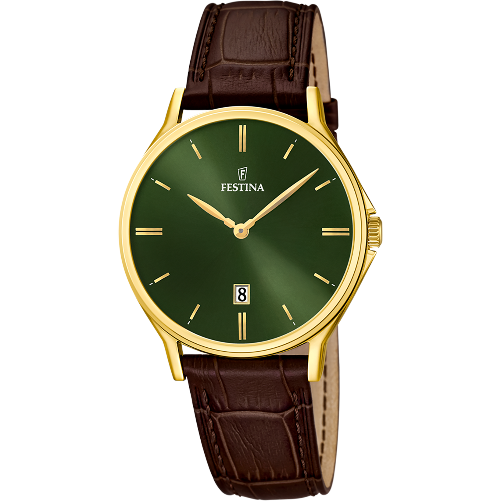 Festina Herrenarmbanduhr: grünes Zifferblatt, Datum, braunes Lederarmband