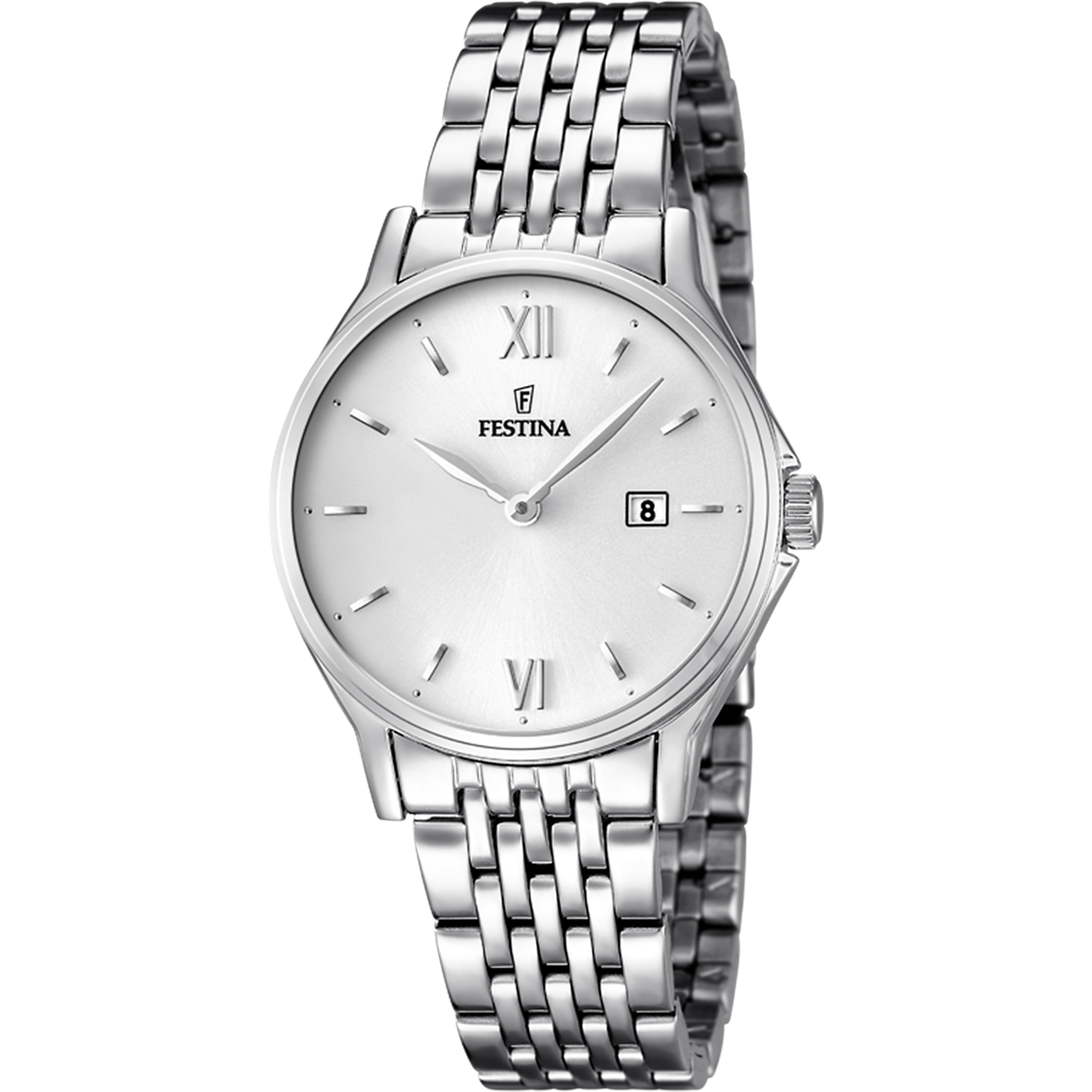 Festina Damenuhr mit weißem Zifferblatt und silbernem Metallarmband, Mineralglas