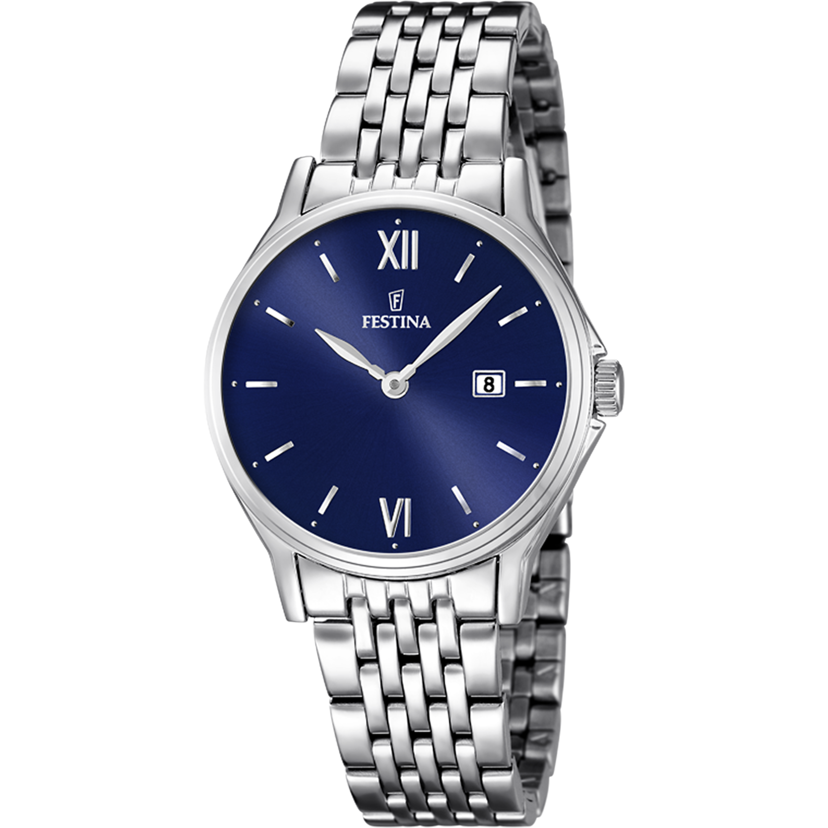 Festina Damenuhr mit blauem Zifferblatt und Edelstahlarmband, römische Zahlen, Mineralglas