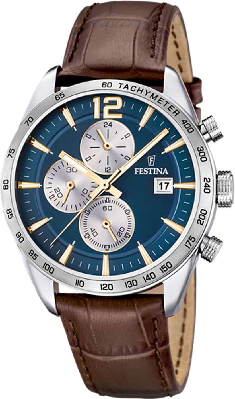 Montre pour homme avec cadran bleu, chronographe et bracelet en cuir marron