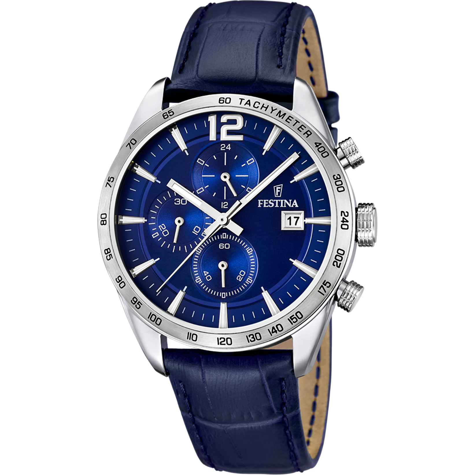 Festina Herrenuhr mit Chronograph, blauem Zifferblatt und blauem Lederarmband