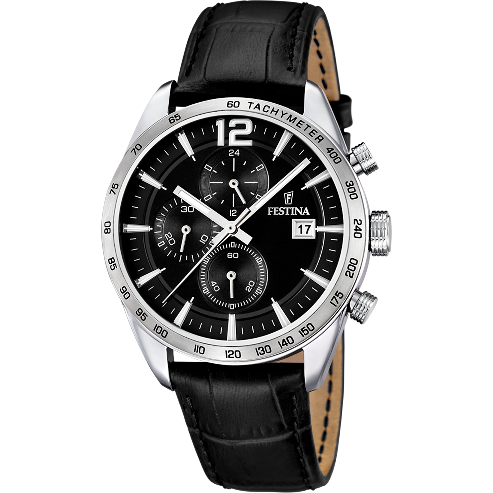 Festina Chronograph Herrenuhr mit schwarzem Zifferblatt und schwarzem Lederarmband