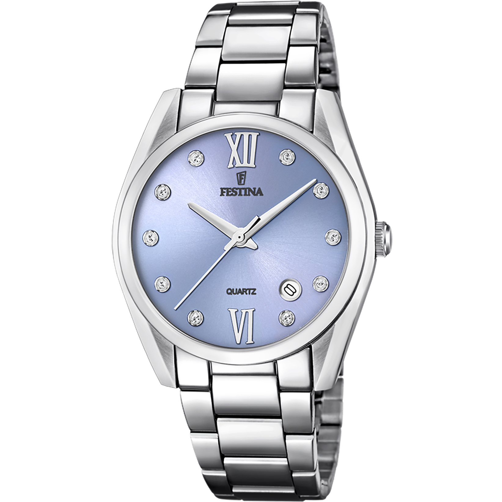 Festina Damenuhr mit hellblauem Zifferblatt, römischen Zahlen, Edelstahlband und Datumsanzeige