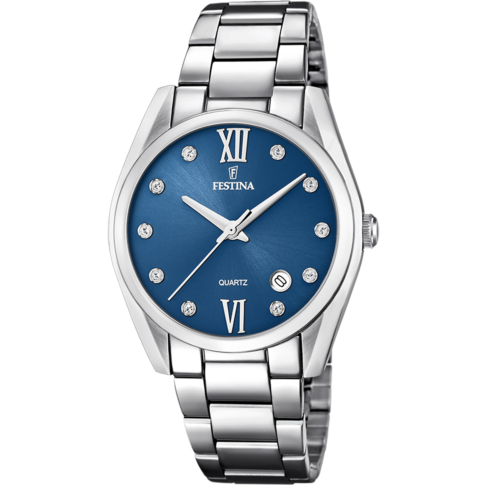 Festina Damenuhr: blaues Zifferblatt mit römischen Zahlen, Edelstahlarmband, Quarzwerk