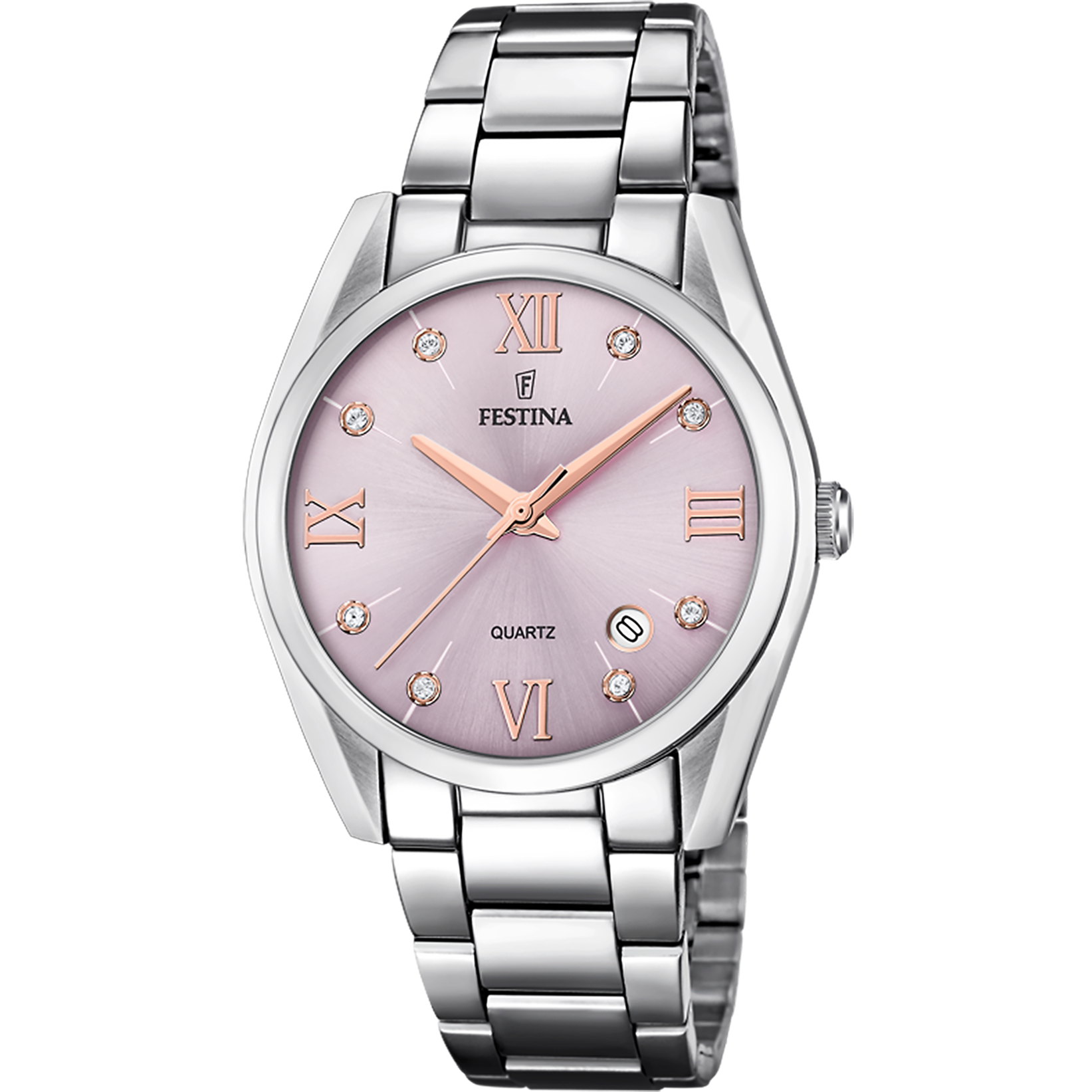 Festina Damenuhr mit silberfarbenem Metallarmband und rosafarbenem Zifferblatt, Quarz