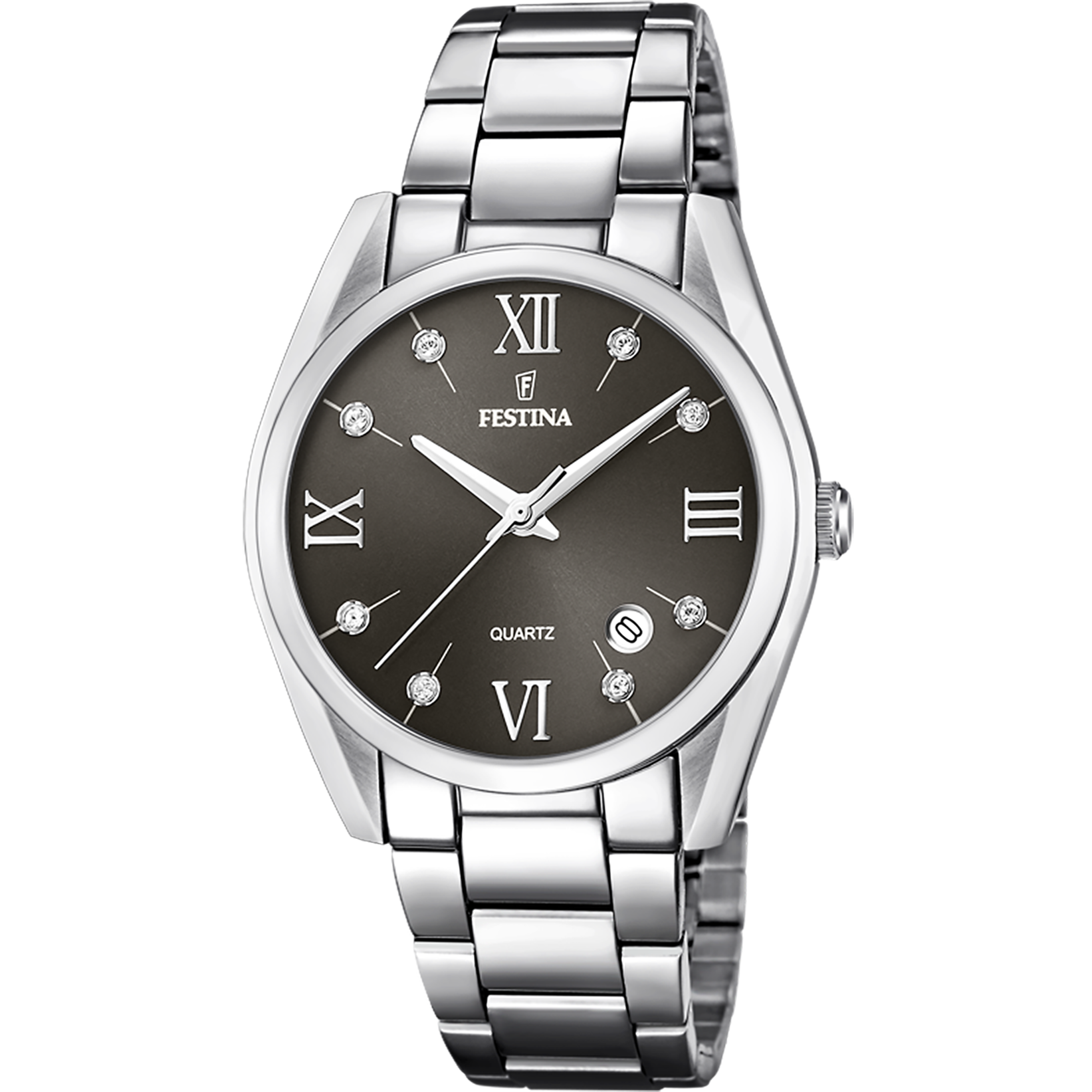 Festina Damenuhr mit Edelstahlband, schwarzem Zifferblatt und römischen Zahlen, Quarz