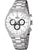 Silberne Herrenuhr mit Chronograph, weißem Zifferblatt und Tachymeter auf Metallarmband
