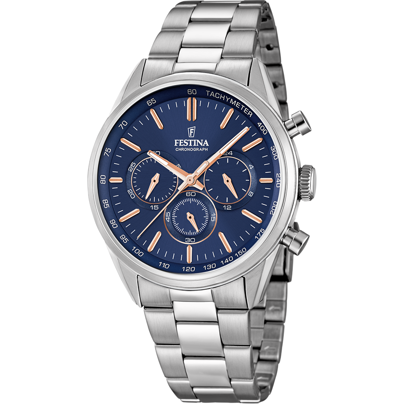 Festina Chronograph-Herrenuhr: blaues Zifferblatt, Edelstahlarmband, drei Chrono-Subdials