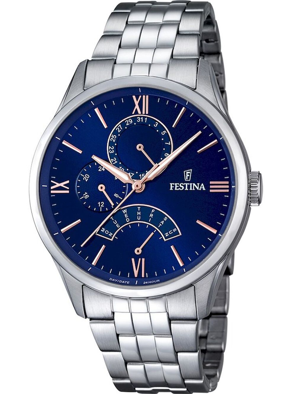 Festina Herrenarmbanduhr mit blauem Zifferblatt, römischen Zahlen und Edelstahlband