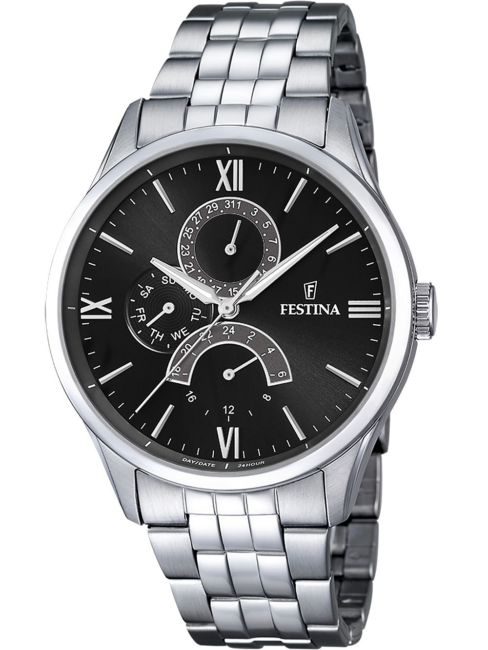 Festina Herrenarmbanduhr mit Edelstahlband, schwarzem Zifferblatt und Subzifferblättern