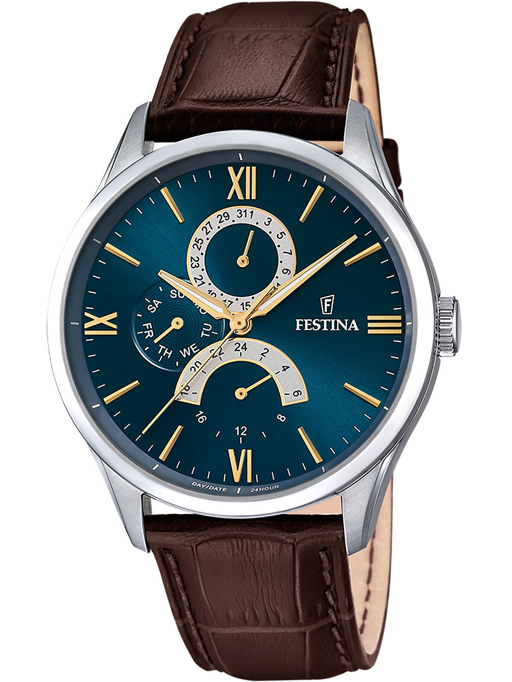 Herrenretro-Uhr mit blauem Zifferblatt und braunem Lederarmband, silbernem Gehäuse
