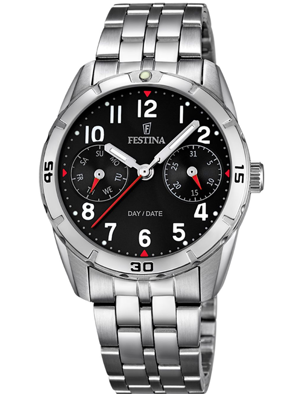 Festina Junior Collection Kinderuhr F16908/3 mit schwarzem Zifferblatt, Edelstahlband, Datum & Tag