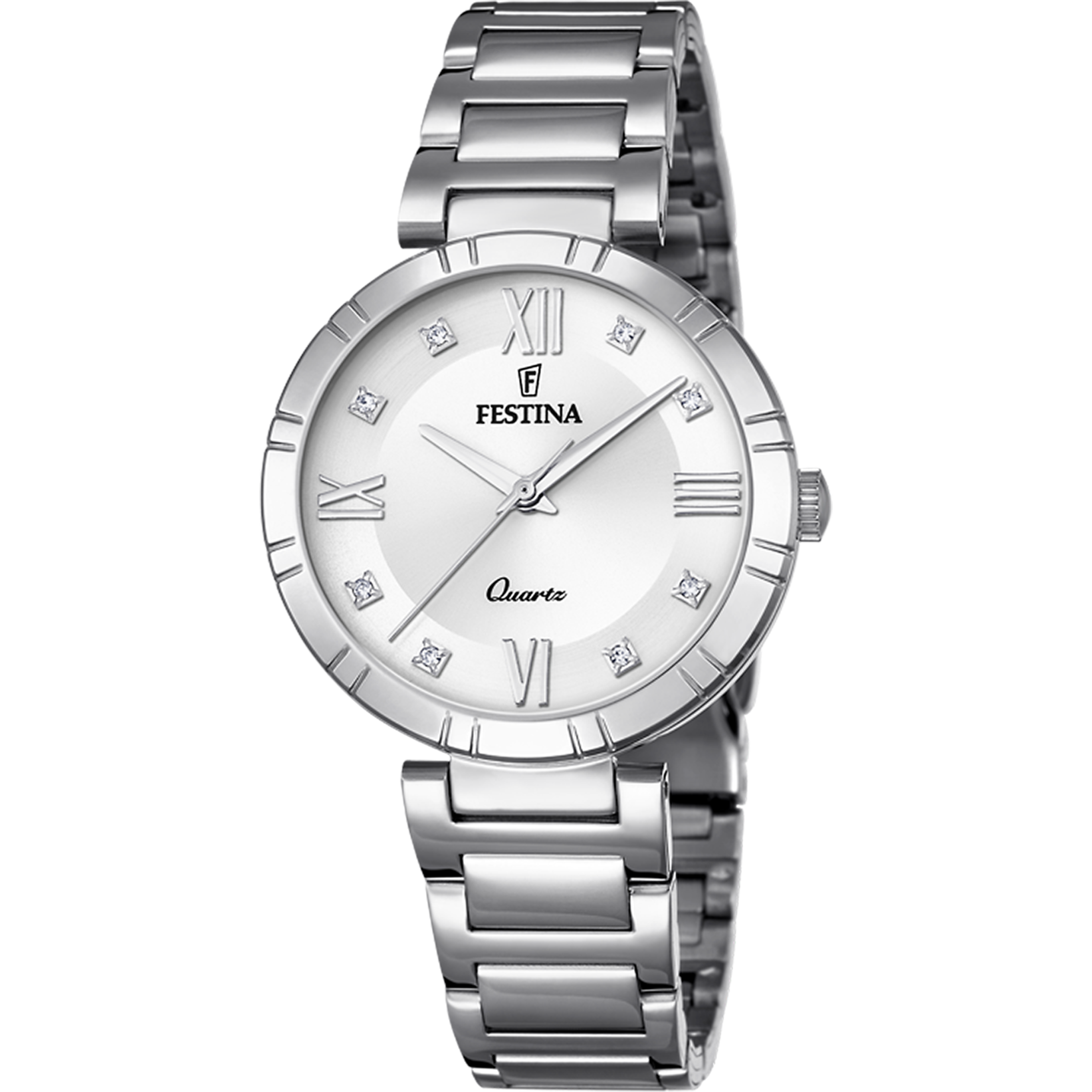 Festina Mademoiselle Damenuhr: silbernes Metallarmband, rundes weißes Zifferblatt mit römischen Ziffern