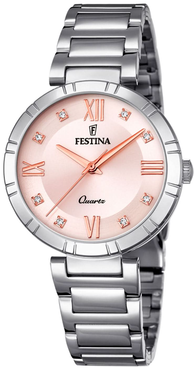 Montre pour femme avec bracelet en acier inoxydable et cadran rose, chiffres romains, index en cristal