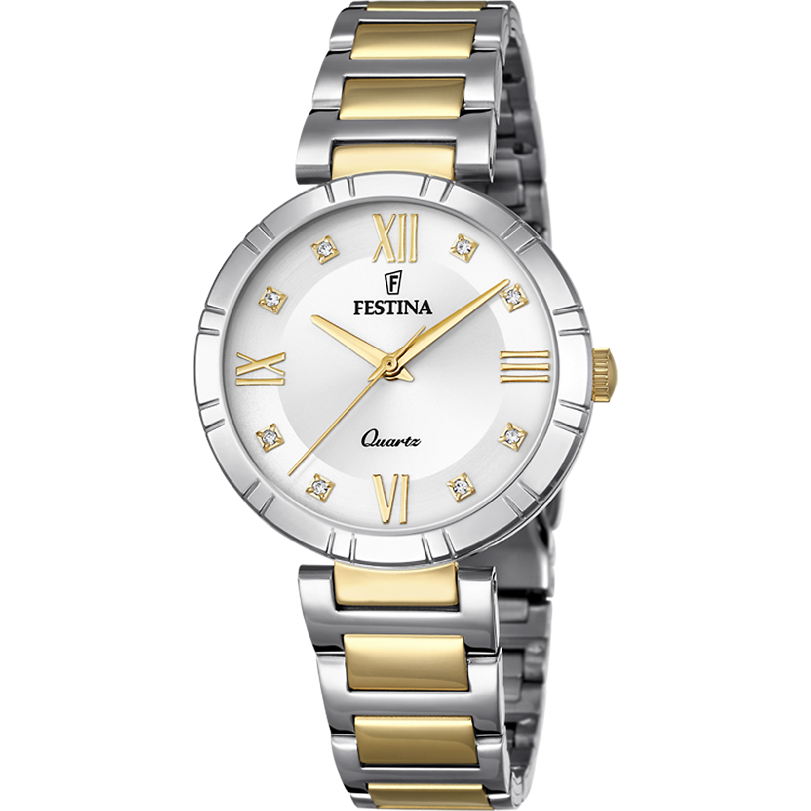 Festina Damenuhr: silbernes Edelstahlband mit goldfarbenen Gliedern, weißes Zifferblatt, römische Zahlen