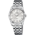 Damenuhr mit silbernem Metallarmband, weißem Zifferblatt und römischen Ziffern