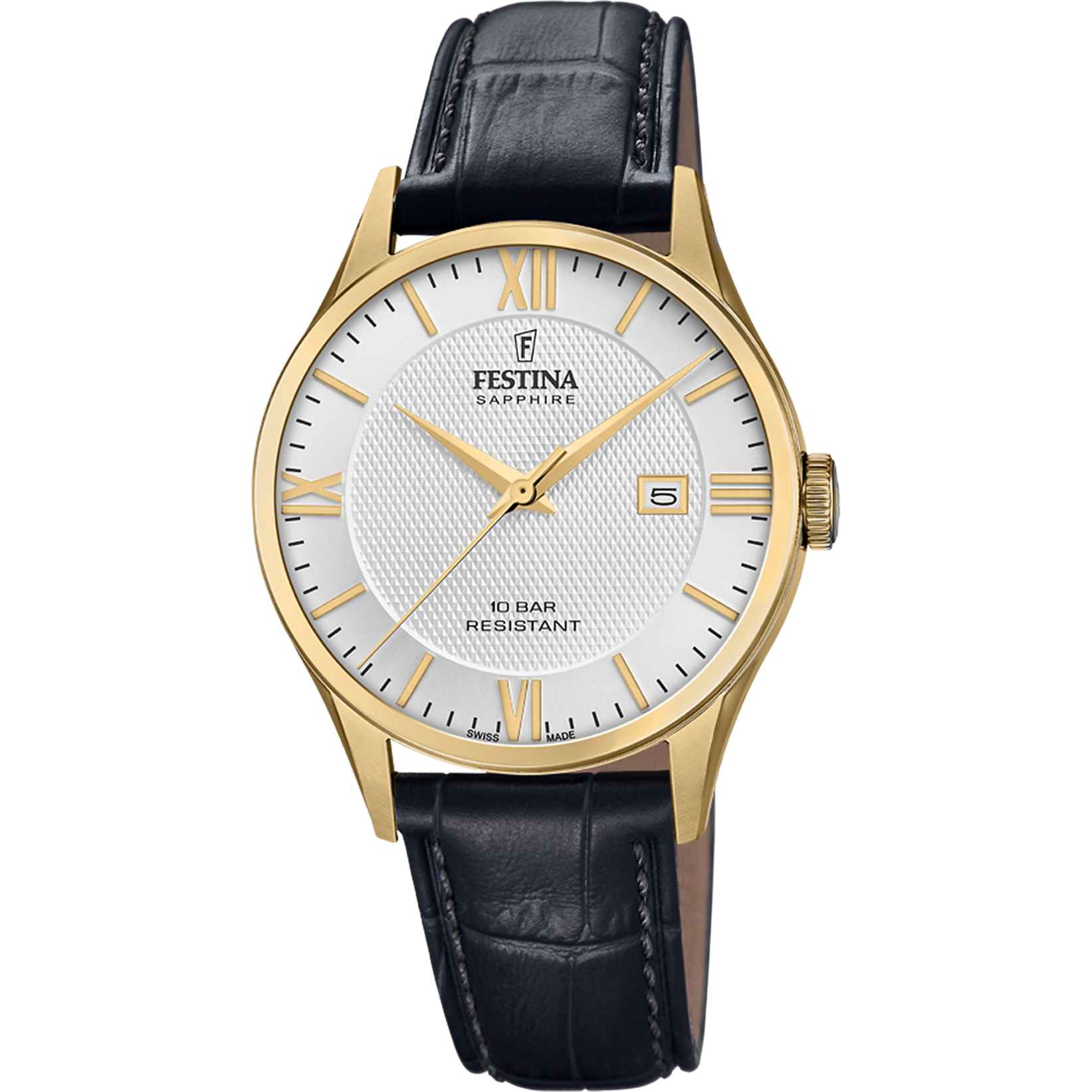 Festina Herrenuhr mit Echtlederarmband, Saphirglas, blauem Zifferblatt und goldfarbenem Gehäuse