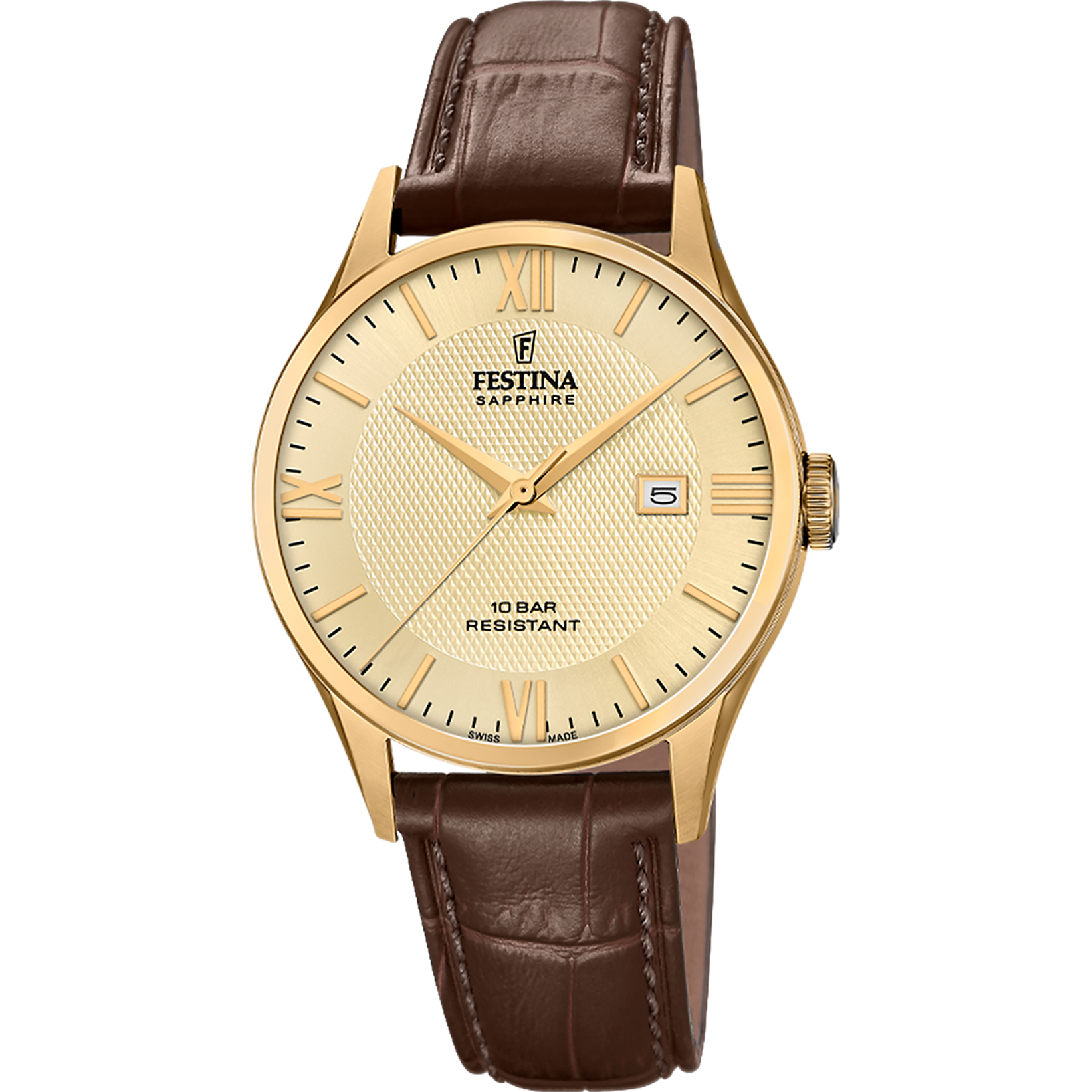 Herrenarmbanduhr mit beigem Zifferblatt, goldfarbenem Gehäuse und braunem Lederband