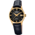 Damenuhr mit schwarzem Zifferblatt, goldfarbenem Gehäuse und blauem Lederarmband