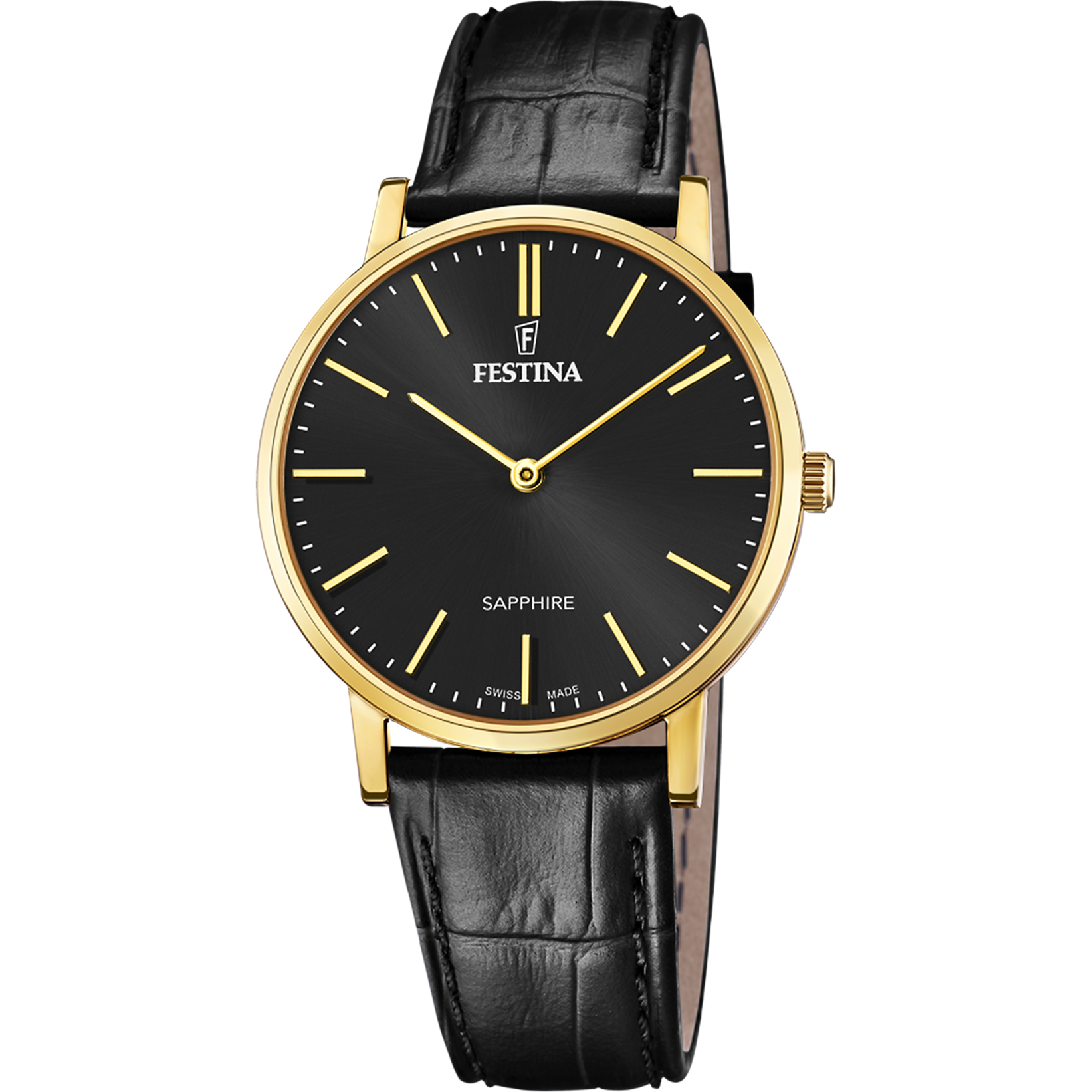 Festina Herrenuhr: schwarzes Lederarmband, schwarzes Zifferblatt, goldfarbener Gehäuserahmen
