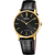 Festina Herrenuhr: schwarzes Lederarmband, schwarzes Zifferblatt, goldfarbener Gehäuserahmen
