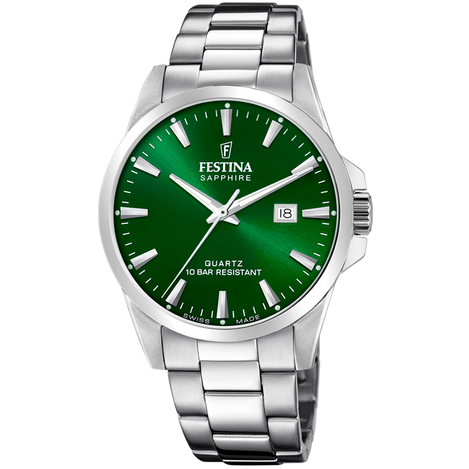 Festina Herrenuhr: grünes Zifferblatt, Datumsfenster, Edelstahlarmband, Saphirglas