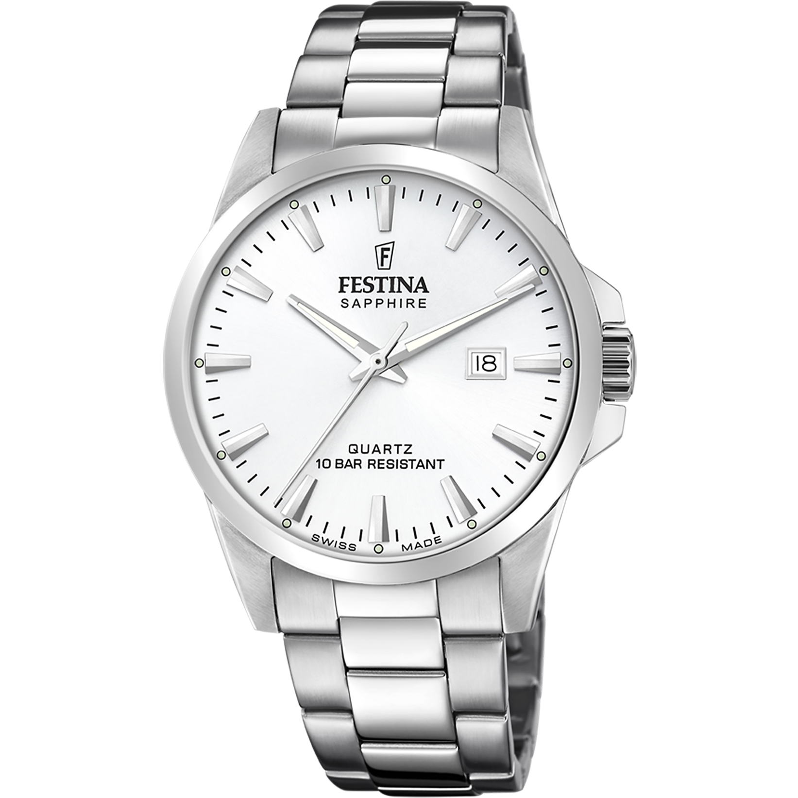 Festina Herrenuhr mit Edelstahlarmband, rundem weißem Zifferblatt, Datumsanzeige