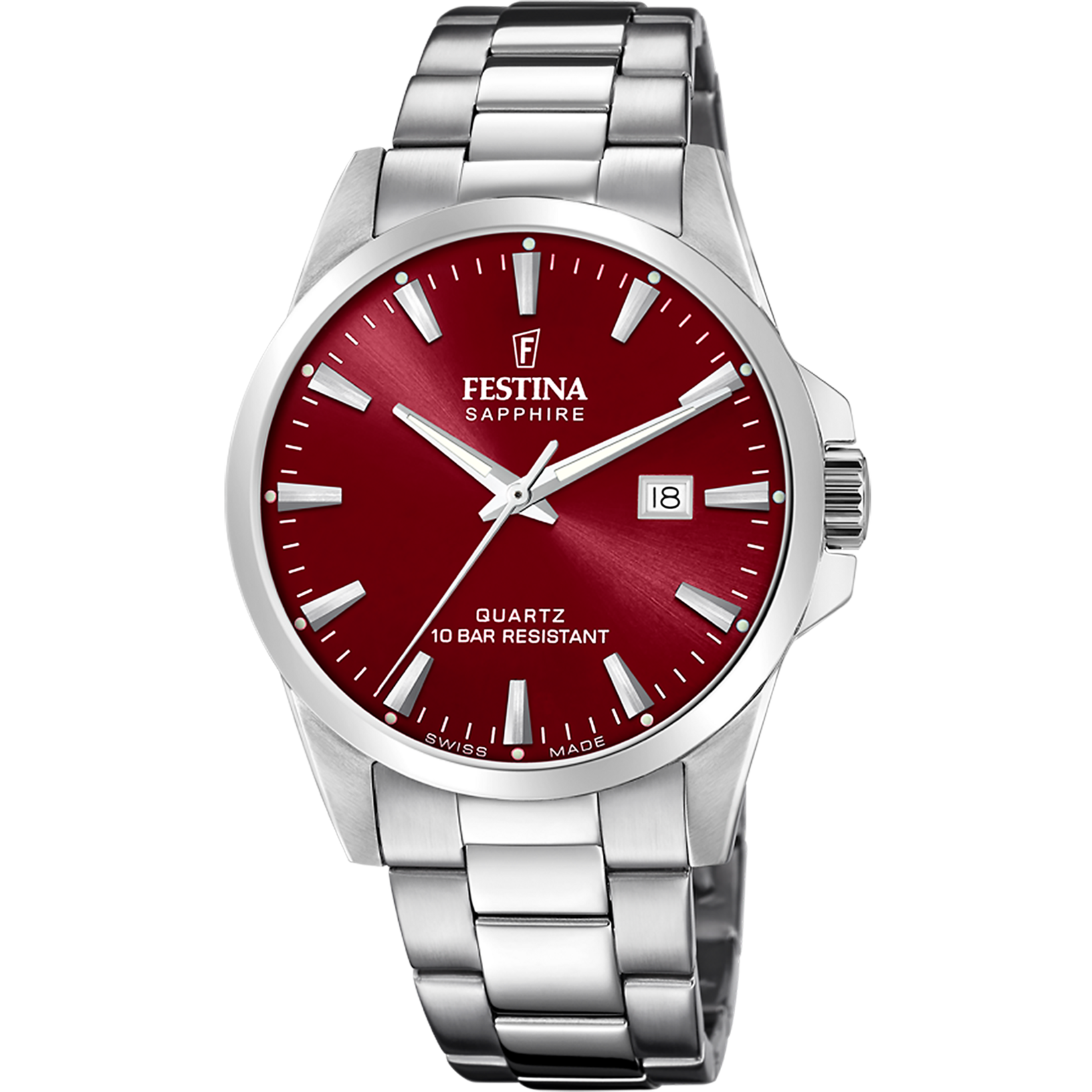 Festina Herrenuhr mit Edelstahlarmband und rotem Zifferblatt, Datumsanzeige bei 18