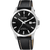 Herrenarmbanduhr mit schwarzem Zifferblatt, silbernem Gehäuse und schwarzem Lederarmband, Datum