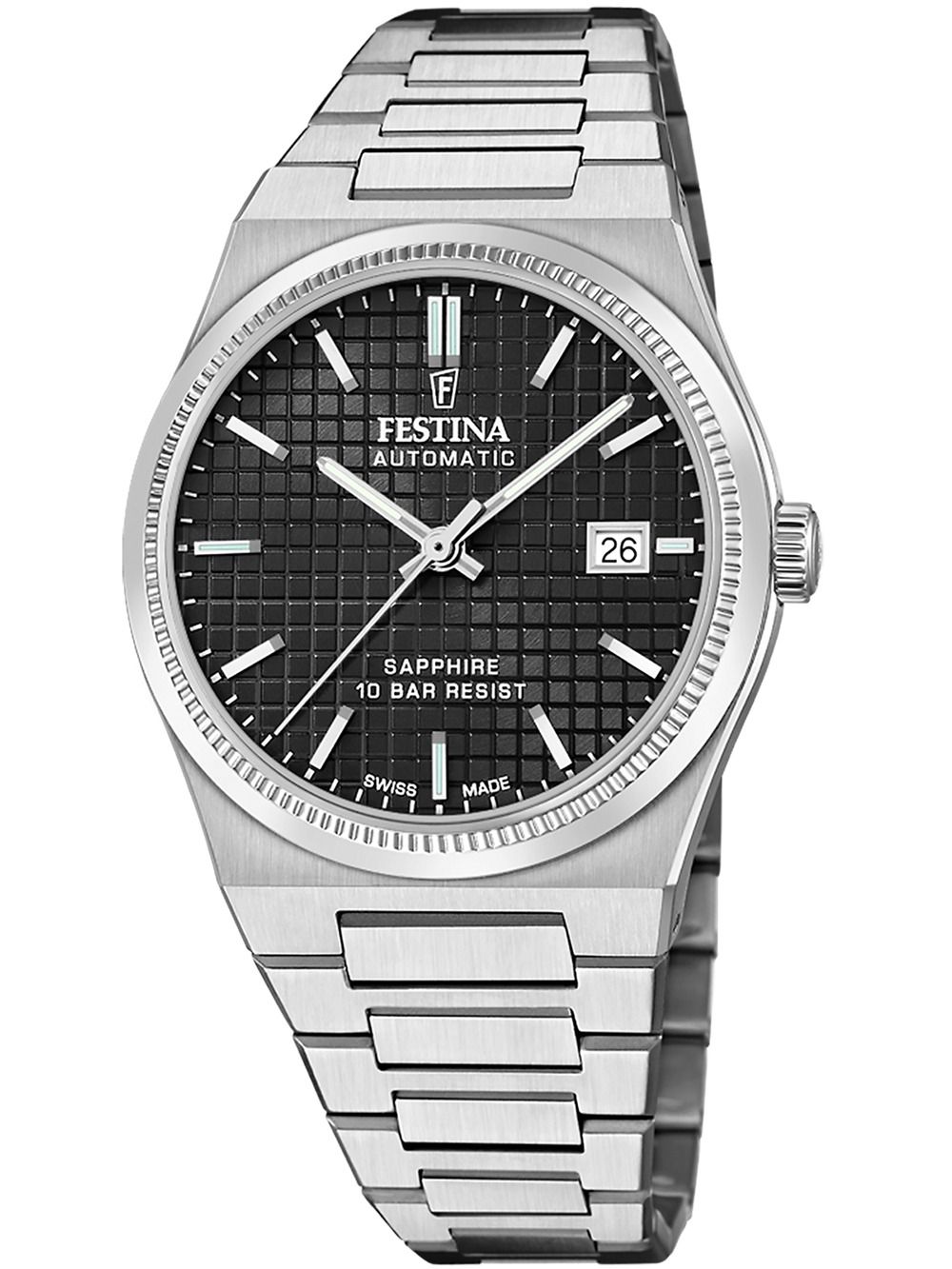 Herren-Automatikarmbanduhr Festina mit schwarzem Zifferblatt, Datumsanzeige und Stahlband