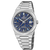 Silberne Herrenuhr mit blau strukturiertem Zifferblatt, Datumsfenster und Edelstahlband