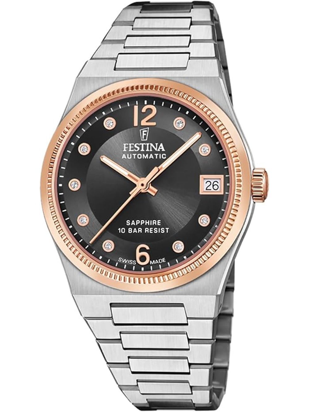 Damenuhr mit schwarzem Zifferblatt, roségoldener Lünette und Metallarmband