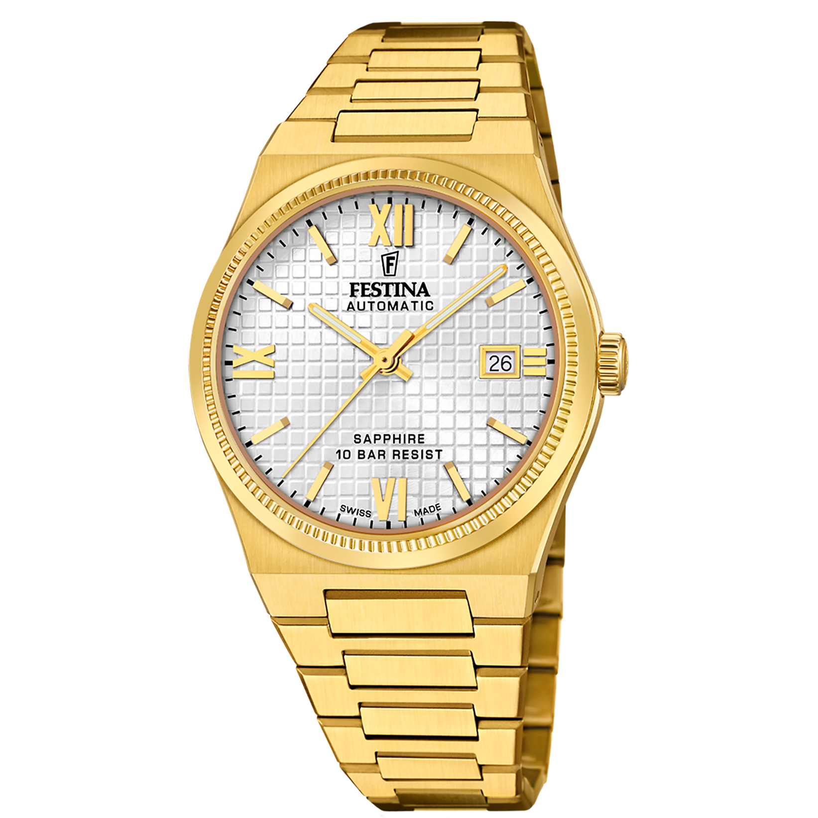 Goldfarbene Herren-Armbanduhr mit rundem Zifferblatt, römischen Zahlen und Datumsfenster
