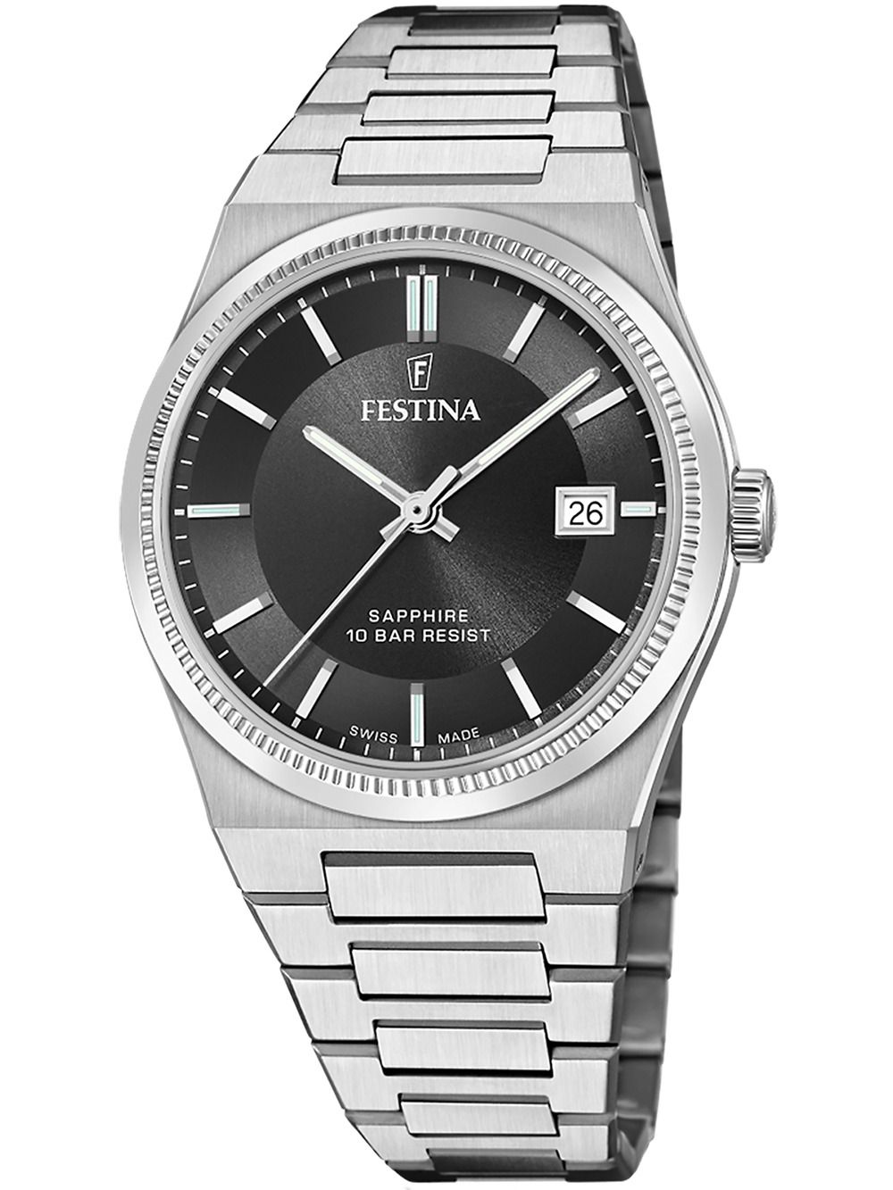 Festina Herrenuhr mit schwarzem Zifferblatt, silbernem Edelstahlarmband und Datumsanzeige