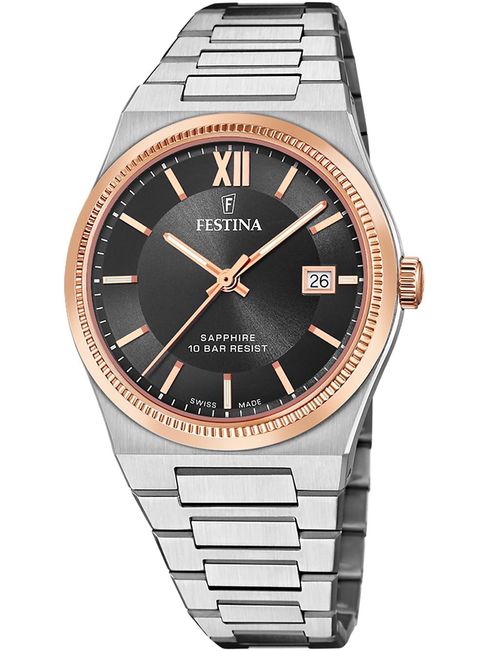 Herrenarmbanduhr Festina mit schwarzem Zifferblatt, roségoldener Lünette und Metallband