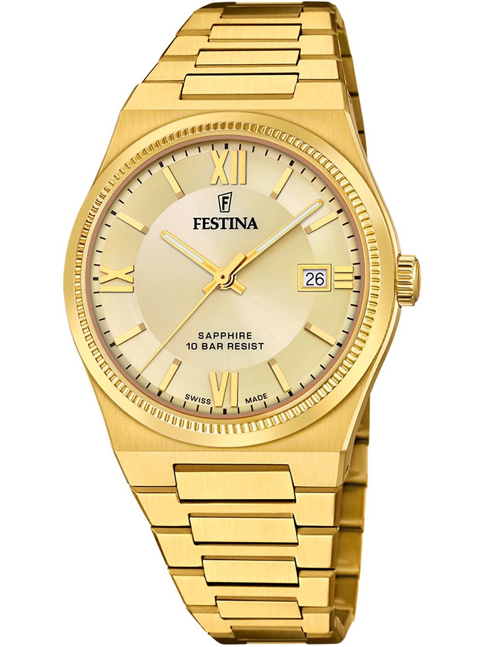 Goldfarbene Herrenuhr mit Gliederarmband, rundem Zifferblatt und Datumsfenster