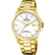 Herrenarmbanduhr mit goldfarbenem Metallband, weißem Zifferblatt und Datumsanzeige 18