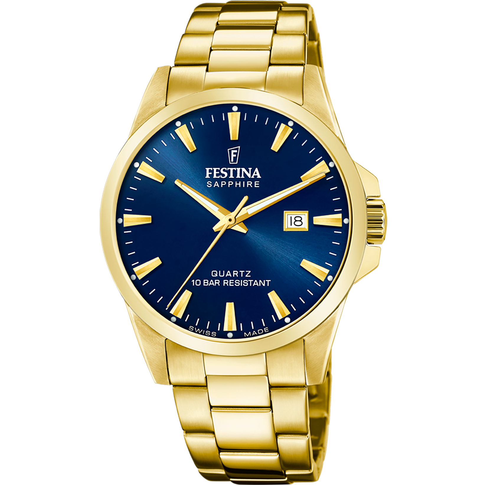 Festina Herrenarmbanduhr mit blauem Zifferblatt, Datumsfenster und goldfarbenem Metallband