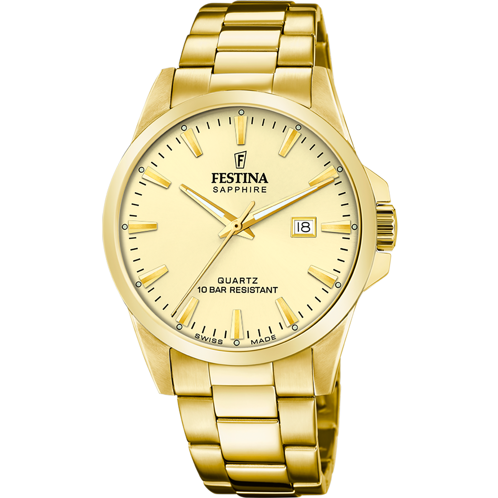 Festina Herrenuhr mit goldfarbenem Edelstahlband, rundem Zifferblatt und Datumsanzeige