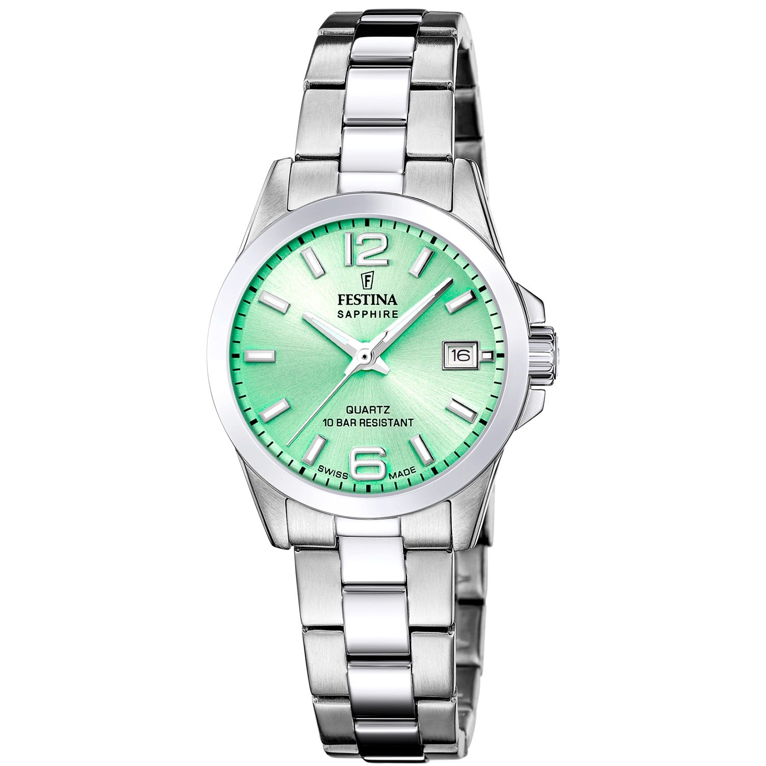 Festina Damenuhr mit grünem Zifferblatt und Edelstahlarmband, runde Lünette