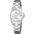 Damenuhr mit silberfarbenem Metallarmband, rundem Zifferblatt und Datumsanzeige