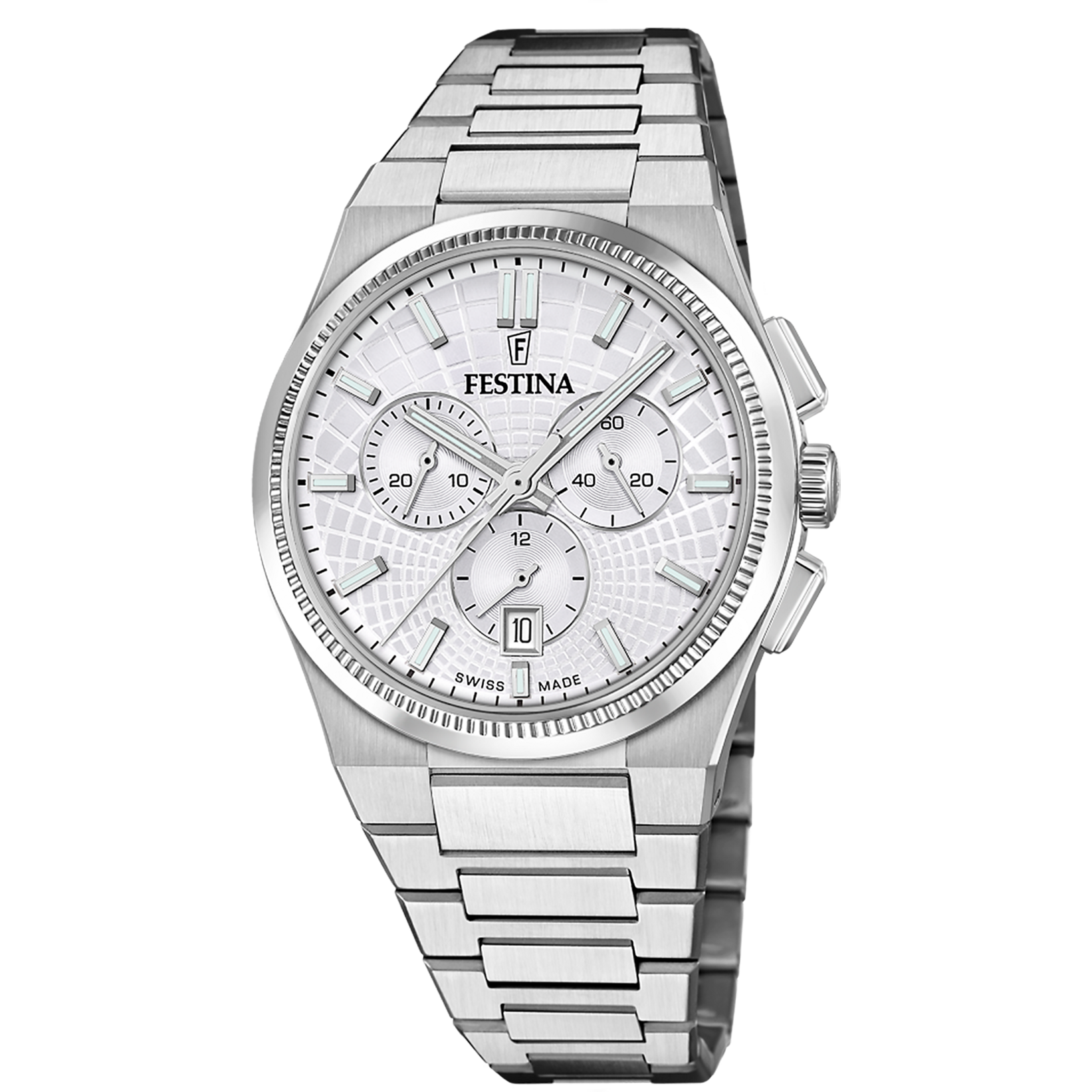 Silberne Festina Herrenuhr mit weißem Zifferblatt, Chronograph und Metallarmband