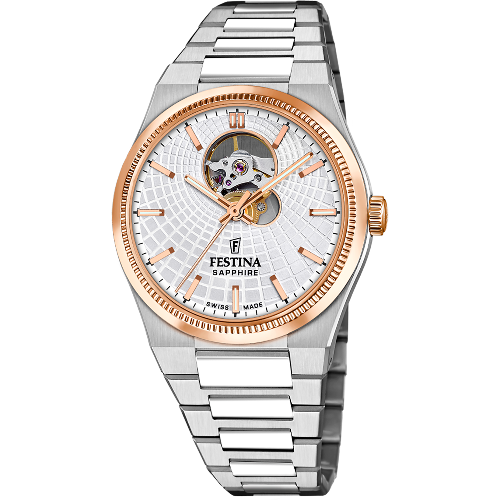 Herren-Armbanduhr mit Edelstahlarmband, goldfarbener Lünette und weißem Zifferblatt